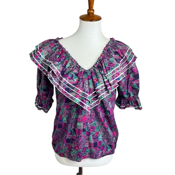 Rhythm Creations Vintage Square Dance Blouse Ruffle Purple &‎ Pink Floral Blouse - Picture 1 of 9